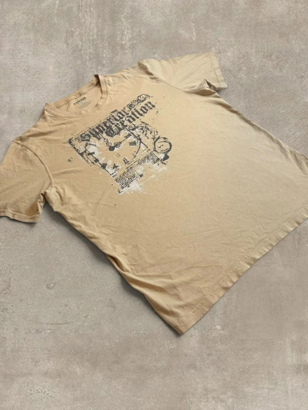 Vintage Express Graphic Shirt Mens Large Tan Gothic Clock Y2K Grunge